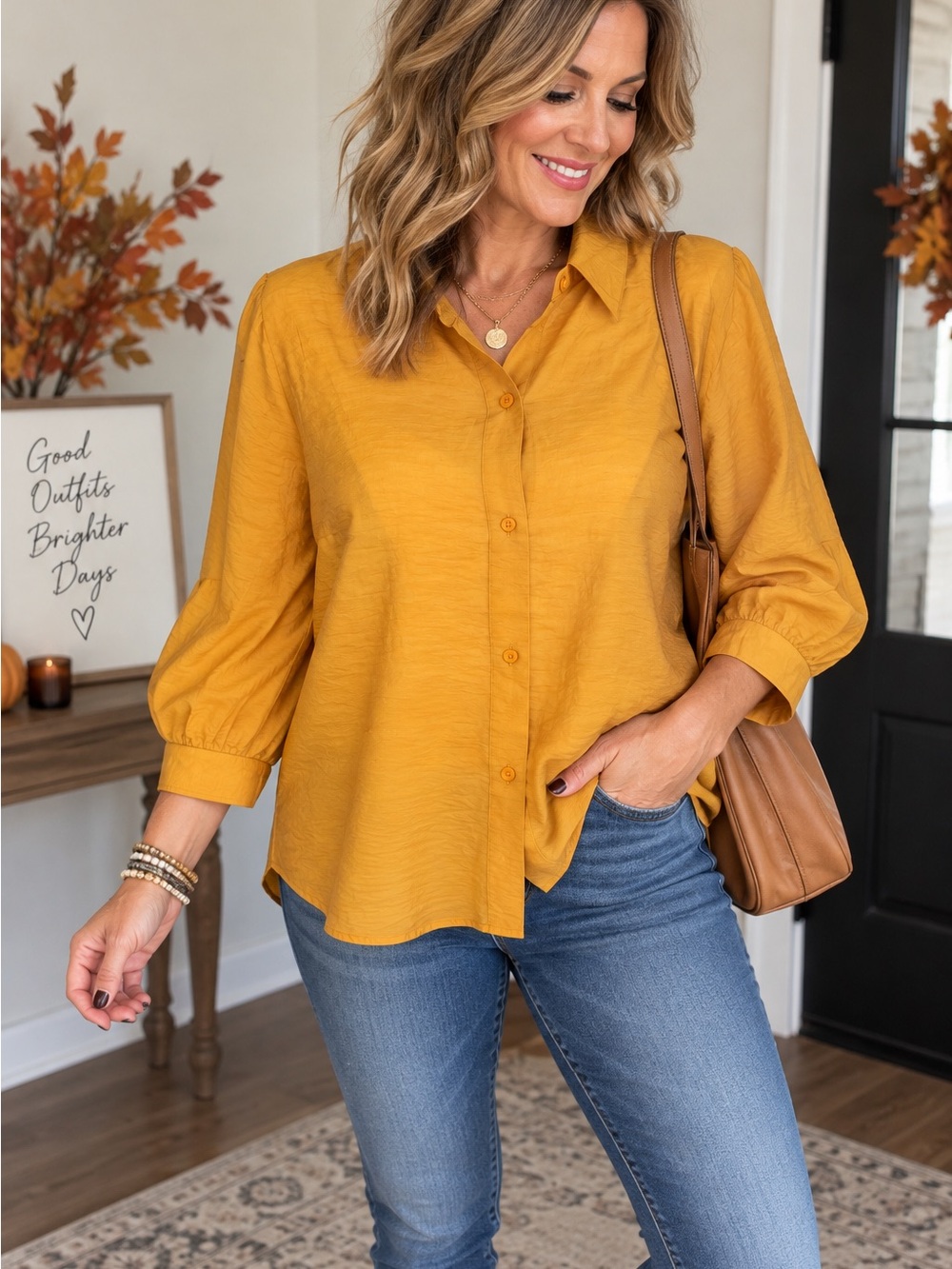 Express Mustard Button-Down Blouse with Puff Sleeves